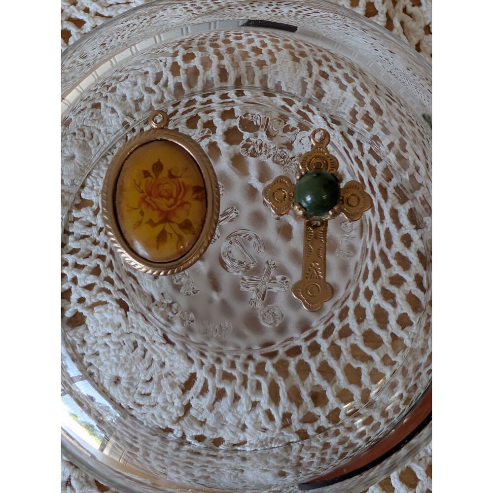 Vintage Gold Tone Charm Lot Green Glass Cabochon Cross Resin Rose Cameo Pendant